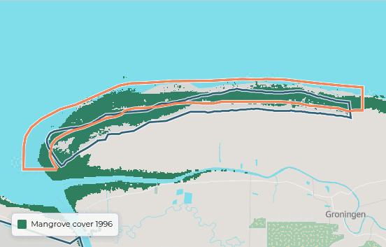 Animated map of Coppename Monding, Suriname, showing mangrove cover in 1996 and 2020 and the change between the two years