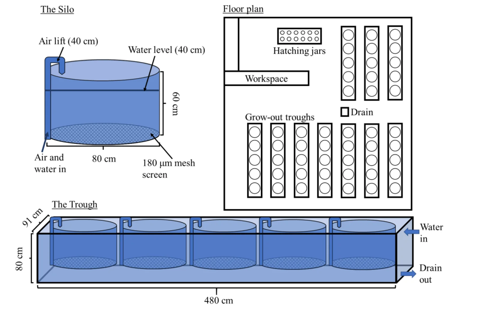 Schematic of a downweller silo, the grow-out trough, and the facility floor plan showing hatching jars and silo positions.