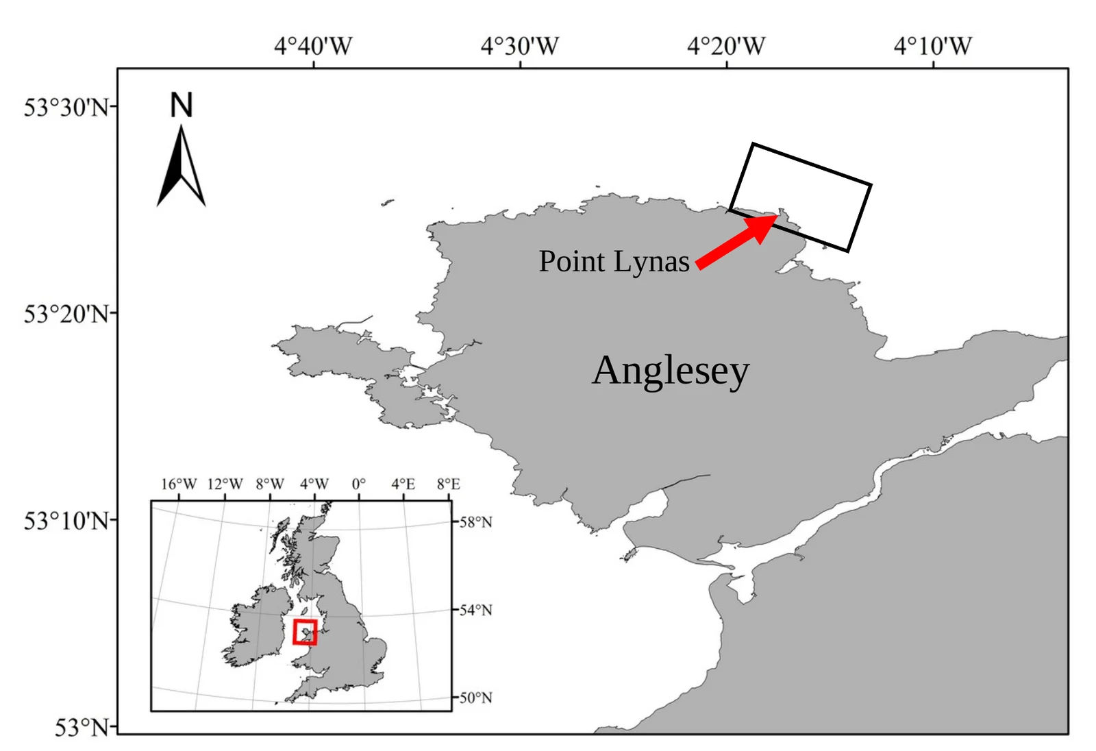 Map of Anglesey showing Point Lynas and the survey box